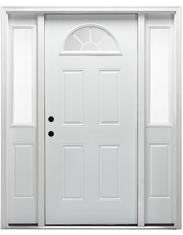 Jhome Exterior 4-Panel Steel Fan Lite Prehung Front Door with Sidelites & Decorative Glass – Fire-Rated, Solid Core, Luxury Entry Design
